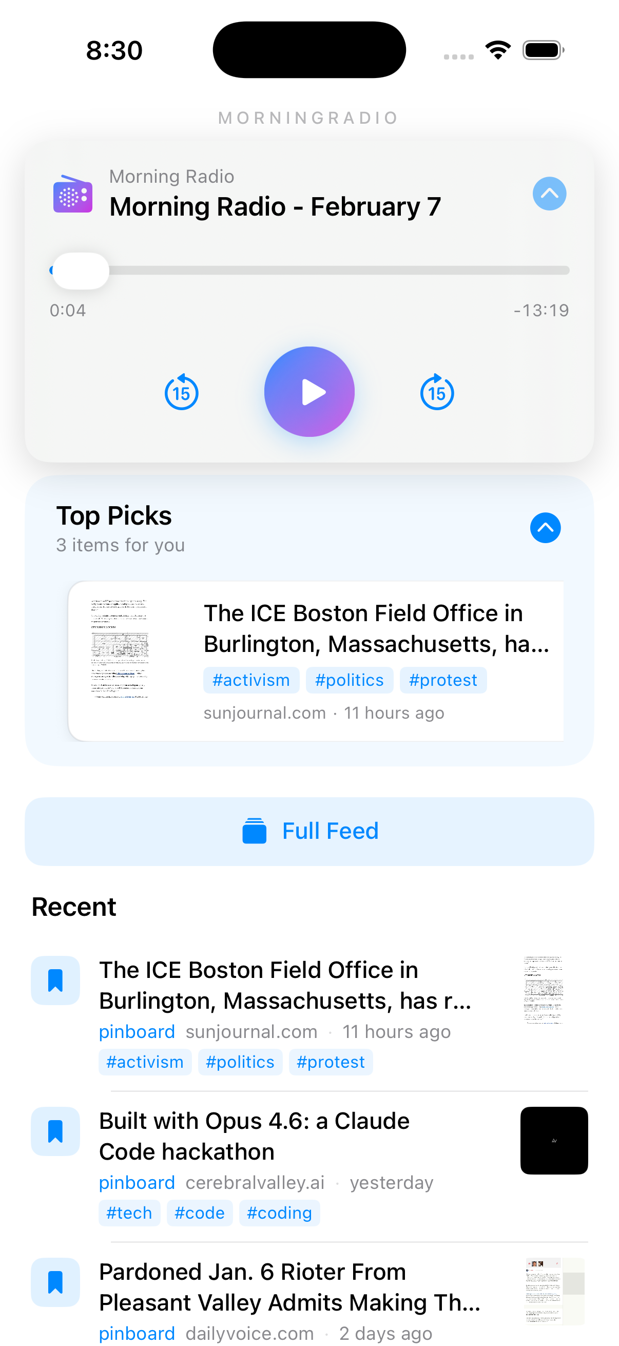 Home screen with player, top picks, and feed